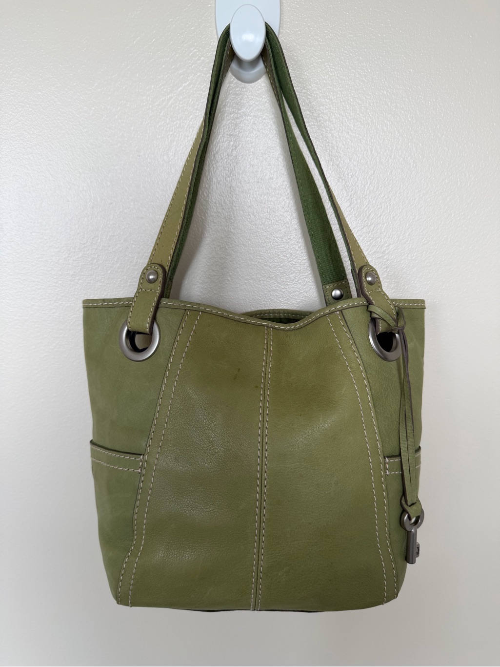 Fossil Olive Moss Green Leather Vintage Hobo Shoulder Tote Bag W Silver Key